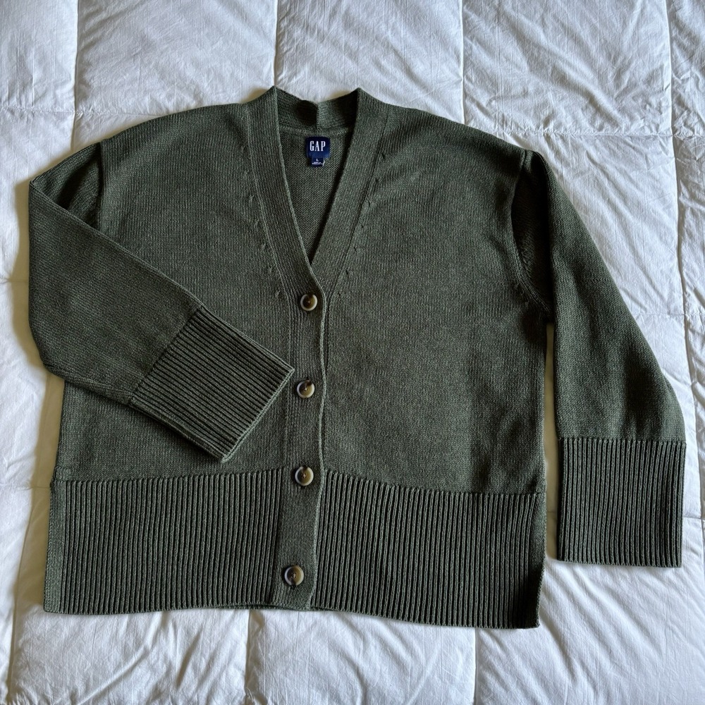 Gap 24/7 Split Hem Cardigan Olive "Deep Depth" Green Women's L Grandpacore EUC - Picture 2 of 13
